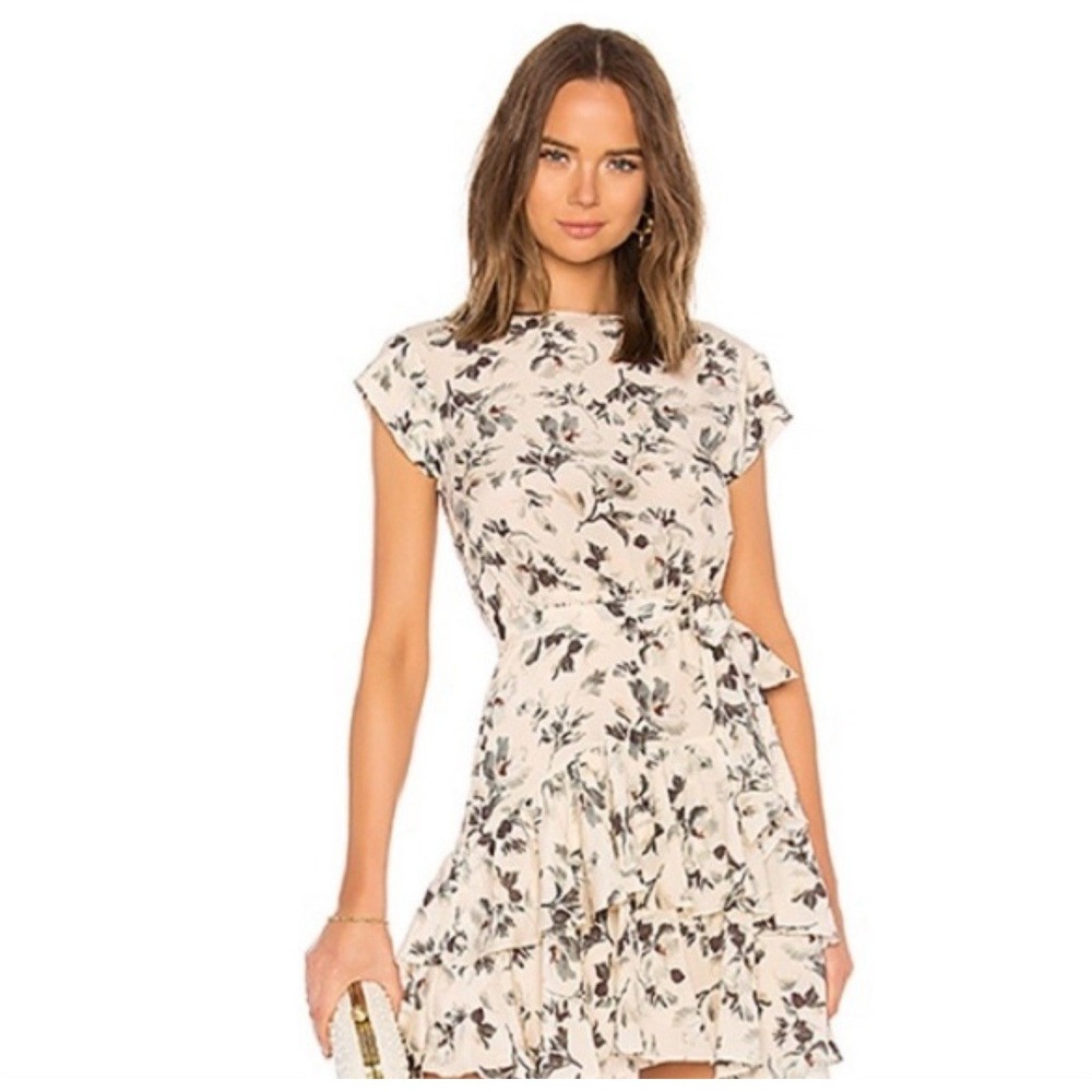 Rebecca‎ Taylor Sofia Fleur Silk Dress Toe Waist Ivory Floral Tiered Ruffle Sz 0